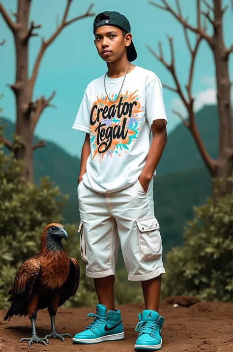 animates white t-shirt graffiti color name inscription "creator tegal " white short cargo pants , Jordan shoes blue , black songkok hat backwards , next to a large Garuda bird on the ground wearing wings , background natural landscape of barren trees green...