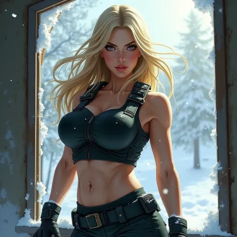  Beautiful girl with long hair , blonde,high,   very big breasts, Sports ,can easily run 20 km ,  in a bulletproof vest  , with a gun in his hands, shooting from the window . Snow is flying through the broken window 