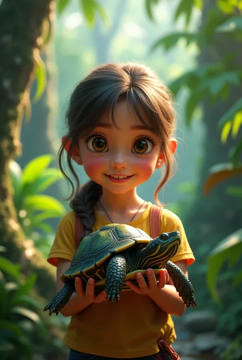  girl with a more real podocnemis unifils in the jungle, lively and with a great animated landscape 