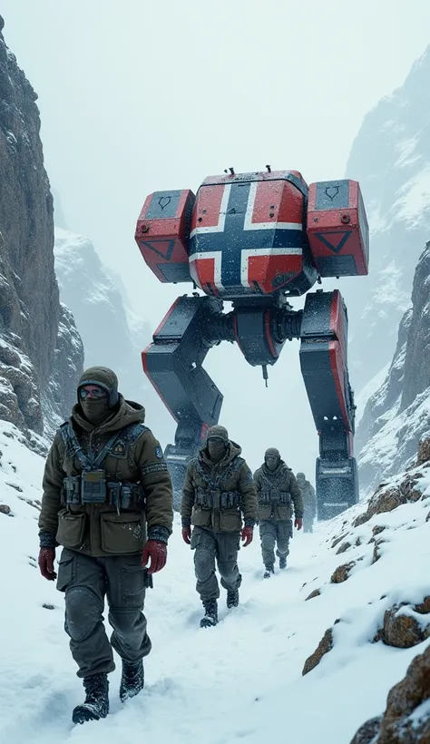 Norwegian soldiers advancing through a snowy mountain pass, their giant combat/war robot companion painted in red, white and blue, with elements of the Scandinavian cross design prominently displayed.