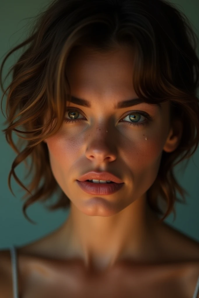  An ultra realistic image of a beautiful 25-year-old girl ,  with short peaked brown hair ,  biting lips, naked, sweaty and looking at the camera and her sexy photo shoot.  The camera image is very close ,  making a beautiful image 9 :16. thanks!