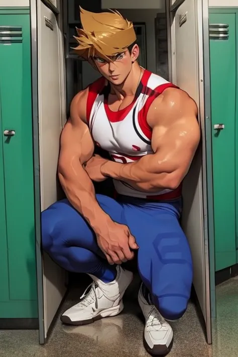 jounouchi katsuya from yu-gi-oh, bodybuilder, sweaty, defined body, big legs, locker room, leaning against the lockers, wearing ...