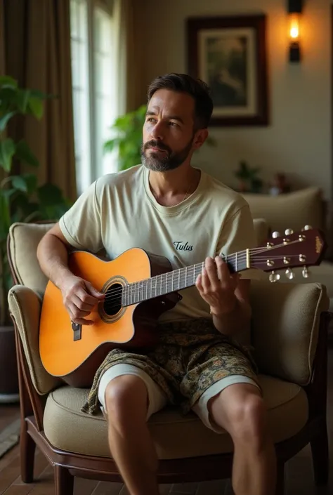 a man sitting relaxed while playing the guitar. He was wearing a T-shirt that read "TULUS" and sarong, in beautiful house, leica, film photography, 8k ,Man, UHD, detailed