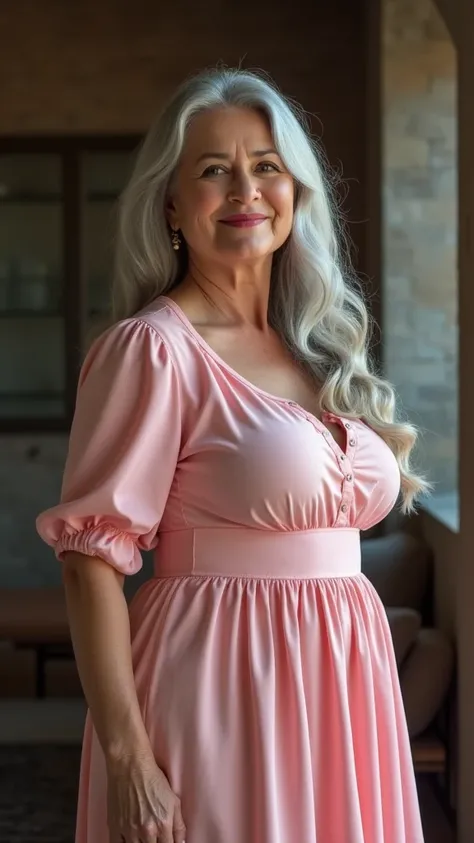  a beautiful mature woman with big round breasts, (((Lean body))), nice smile, vibrant round skirt dress shirt , Long gray hair, Realistic profile ,  looking directly into the camera , Your breasts are huge, Bulging, and rounded profile 