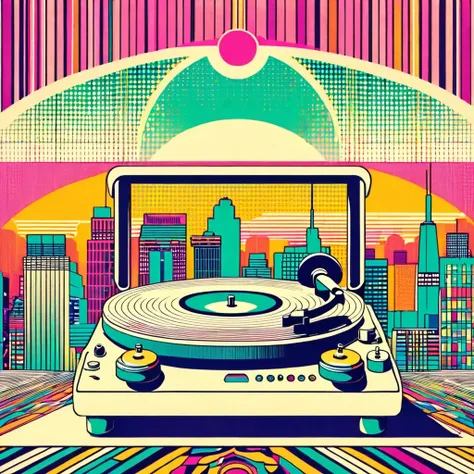 graphic design, Avant-garde pop art. Stylish Retro Illustration of a record player in a room with a city view, Emotional illustrations that can be used in lofi girl, (illustration of a girl), Inside the room, Vintage Recorder Retro illustration, Retrowave,...