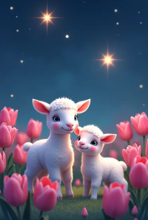 little lamb with pink spots with an adult lamb in a camp of tulips looking at two bright stars