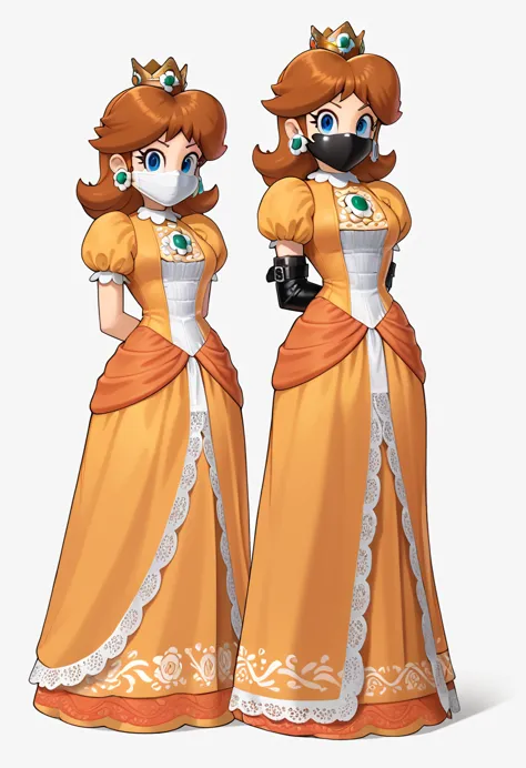 score_9, score_8_up, score_7_up, 1girl, ( (Daisy, princess Daisy from super mario lore, princess Daisy, orange long dress, wearing orange dress, crown), (front view), perfect proportions, simple background, standing, , bound arms, arms behind back, full bo...