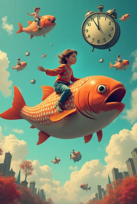 Create a surreal image of a dream mashup: a person riding a giant floating fish through the sky while surrounded by strange objects like flying clocks and dancing chairs. The scene should be colorful, absurd, and visually intriguing