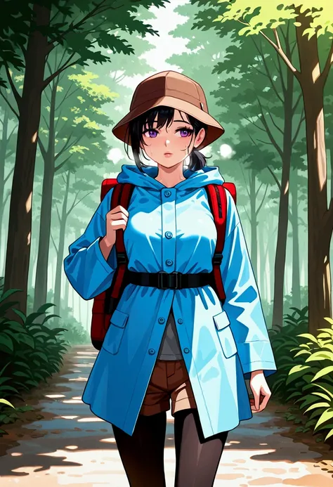 1girl, general, solo,1girl, solo, black hair, short hair, ponytail, purple eyes, lips, blue raincoat, hood, long sleeves, gray shirt, layredclothes, brown shorts, black pantyhose, brown cap, red trekking backpack, chest belt, waist belt, holding torekking ...