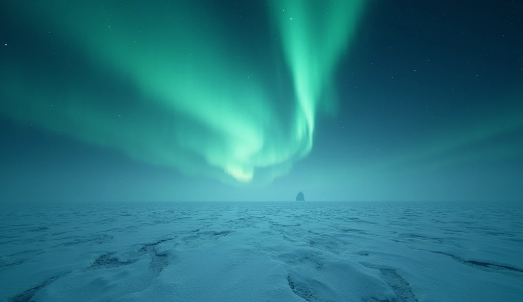 Prompt: A lifeless Antarctic expanse with no signs of movement, just an endless field of ice under the aurora. UHD, realistic, cinematic, with cold tones and wide framing.