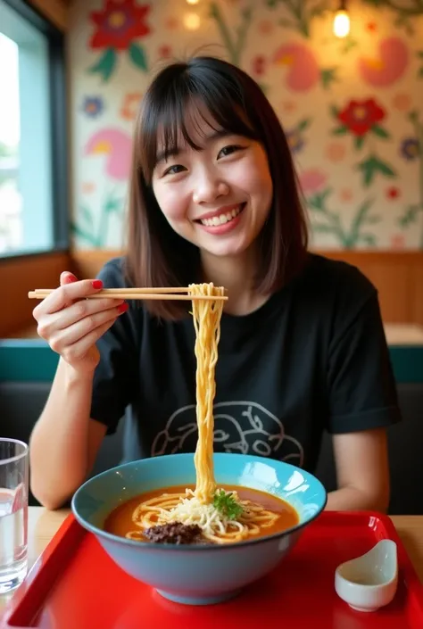 realistic,"Create an image of a young woman
enjoying a casual meal in a cozy
Japanese ramen shop. She is seated at
a brightly colored table with a vibrant red
tray in front of her, holding chopsticks in
one hand and lifting a strand of ramen
noodles playfu...