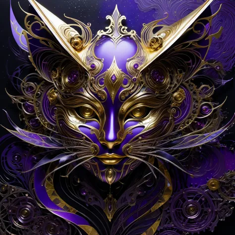 Folded paper artwork collage mixing glossy purple, gold, and silver foil textures, abstract fractal designs inspired by Commedia dellarte and Venetian masks, echoing the styles of Philippe Vignal and Takato Yamamoto, juxtaposes allure with unease, neon glo...