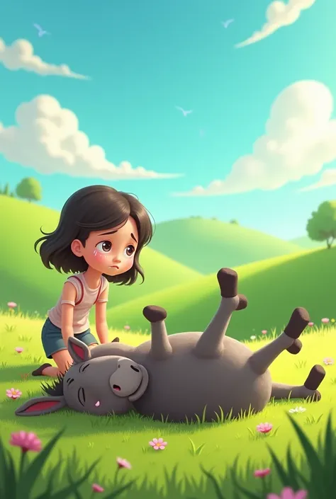  I want an animated image for elementary school ren according to this story : A DEAD DONKEY LEGGED UP ON A GREEN MEADOW AND NEXT DOOR A CRYING GIRL


