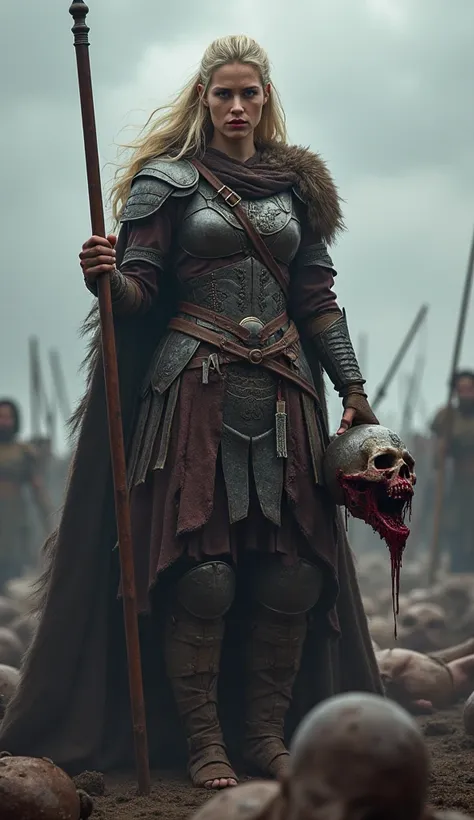 A female Viking warrior who won a war on the battlefield holds a severed and blood-stained head in her hand alone., 1 girl, 