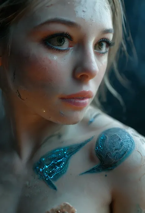 alabaster Valkyrie,bioluminescent tattoos,bio ink,split diopter,over-the-shoulder shot,Rembrandt lighting,low angle shot,extreme close-up shot,(best quality,4k,8k,highres,masterpiece:1.2),ultra-detailed,(realistic,photorealistic,photo-realistic:1.37),drama...