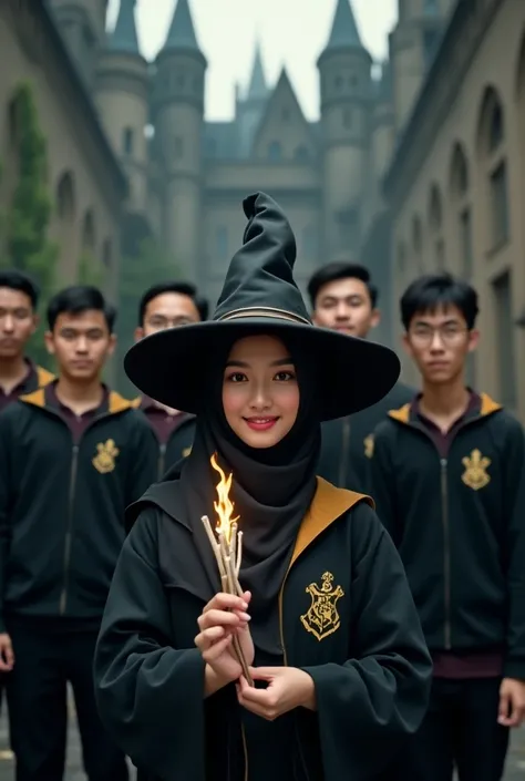 Prompt ai ideogram  :

5 asian men  ,  a beautiful Asian woman wearing a witchs hat wearing a hijab while holding a small magic wand made of white flaming tree twigs at the end,  they are wearing a harry potter uniform with a hogwarts logo .  the man is st...