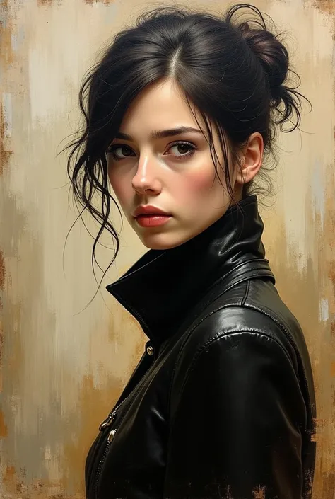 Oil painting with a spatula ,  a work of art that combines figurative and abstract elements. in the center, the portrait of a woman with a serious expression and intense gaze is shown, with dark hair gathered in a slightly messy bun, leaving loose strands ...