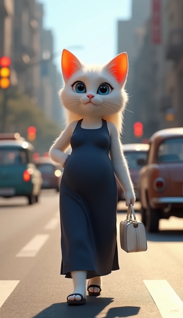 cinematic 3D style, HD image, realistic image ,colorful image .
Character,A white Lina pregnant female cat with white hair up to waist and orange ears,The cat is wearing a long dark blue dress and and High heel black sandal.
Action,Lina big cat is walking ...