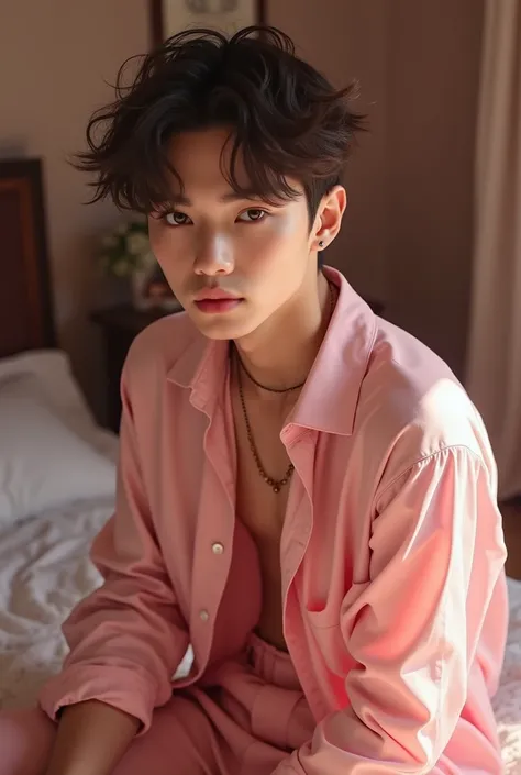 make a cute 18 yr old twink gay boy wearing a cute pink outfit, realiostic, blush, seducing