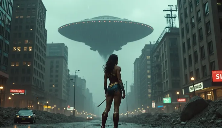 Wonder Woman in sexy attire in the middle of a city with several points of destruction and a huge alien ship in the rainy sky, realistic cinematic image 