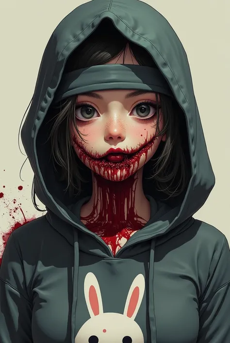 Hight quality, realistic, very beautiful woman, woman hoodies bunny cute, cut throat a ninja blindfold, neck bloody splash, neck slashed, throat contents, neck wide open at the cut, talk teks