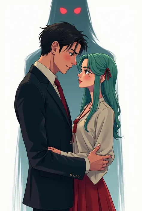 Create a tall cover ,  the first is an elegant 25-year-old man , European, wicked, strong and reflective,  the other is a small 21-year-old girl , Italian, with worldly and colorful clothes,  with mint hair ,  kind and cheerful , The characters must not ha...