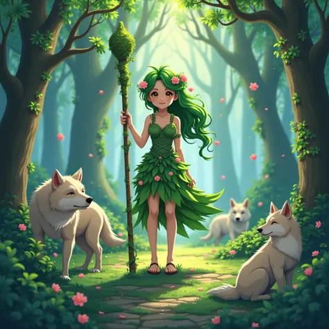 "4K anime-inspired quality, pixel art style, a gentle female forest Dryad with leafy green skin, vibrant green hair, and a dress woven from vines and flowers, standing in a dense forest with wolves and trees around her, holding a wooden staff covered in mo...