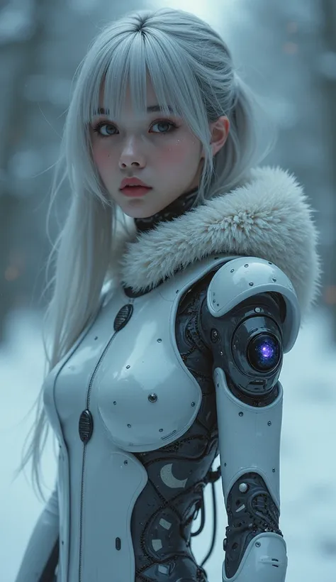 masterpiece, (Photorealsitic:1.4), Raw photo, Cyborg, winterwear　body, ash hair, glowy skin, 1 Cyborg Girl, ((super realistic details)), global　illumination, Shadow, octan render, 8k, ultrasharp, character edge light, tits, Details of complex ornaments, Cy...