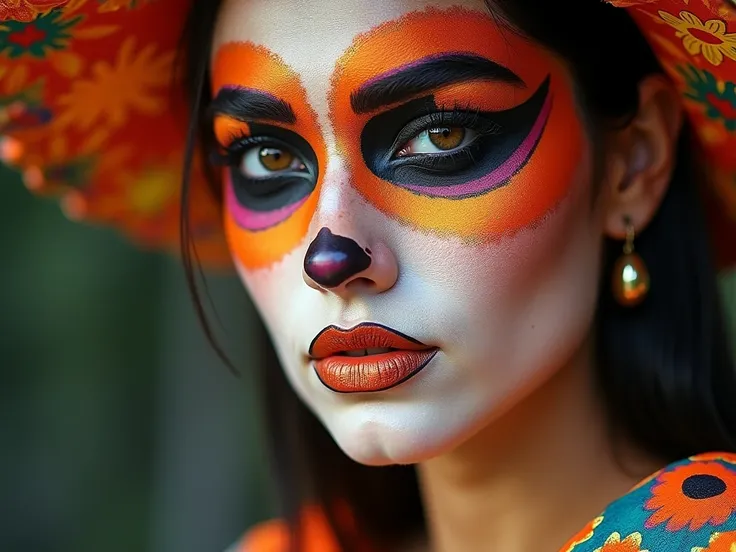 Realistic photograph of half the face of a white-skinned woman  , light brown eyes,  light brown hair from the carnival of black and white grass .  It has the makeup and clothing of this colorful holiday with many unique and perfected details of the choreo...