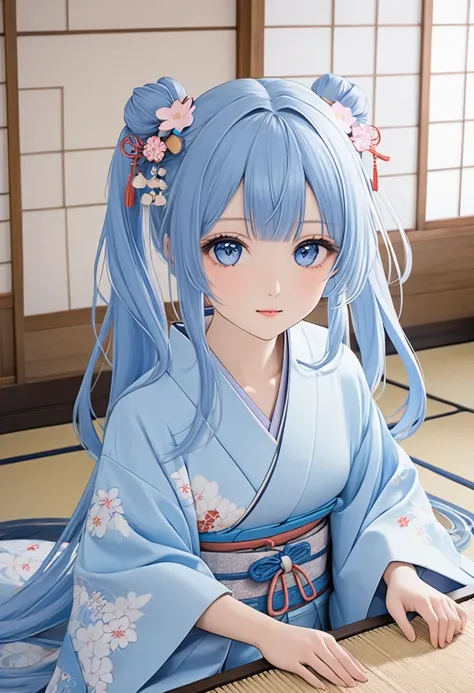  Light Blue Long Hair 、 Beautiful Girl with Twin Tails 、Japanese kimono、Hyakunin Isshu、Japanese-style room、tatami