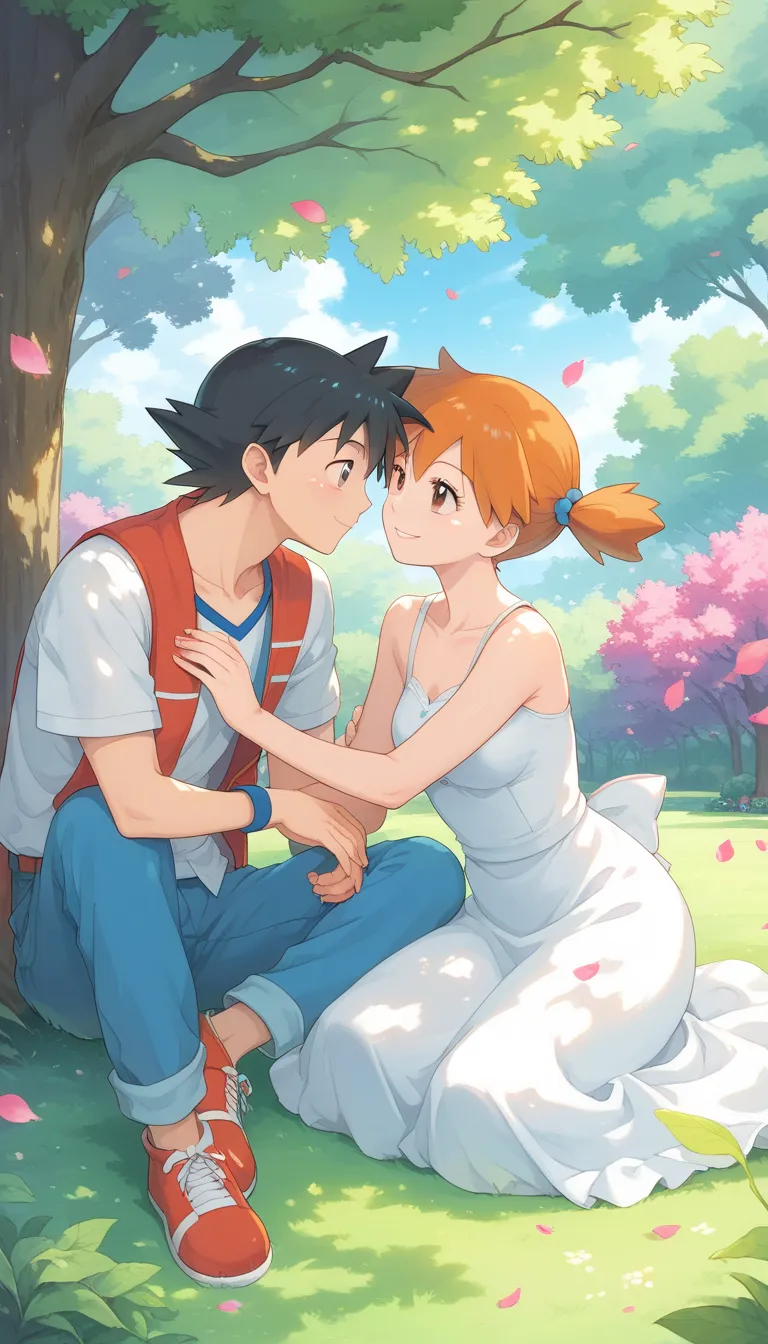 ash_pokemon , black hair, brown eyes, smile soft .ash ketchum ,1 guy. misty_pokemon , berry short,orange hair, soft skin, a coup...