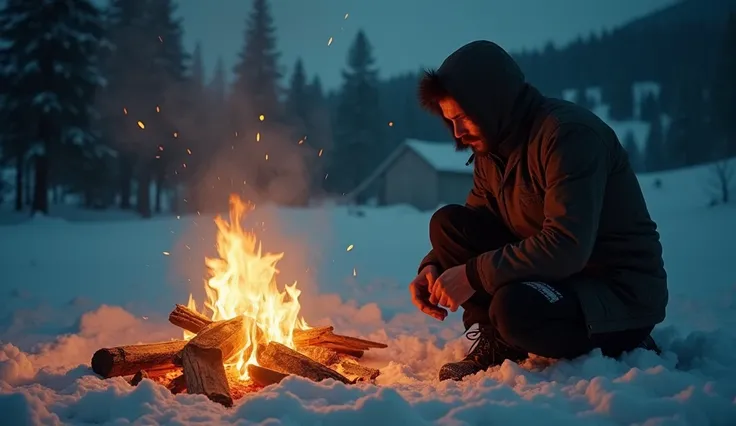 Prompt: A person sitting by a dimly lit fire in a snowy camp, sharing a horror story with an uneasy expression. UHD, realistic, cinematic lighting with warm and cold contrasts.
