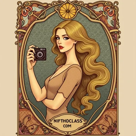 Central Figure:

A vintage, art nouveau-inspired female figure, exuding elegance and charm. Her hair could flow in ornate, wavy patterns typical of Alphonse Muchas style.
She gives a subtle, cheeky side-eye while holding a camera in one hand, indicating th...