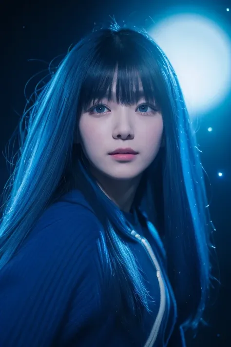  best quality,   Details, 4K,  RAW Photos, masterpiece,   Details face,, star, 惑star, galaxy, space,, a photo of アニセマー flying in space,  blue hair, bangs, Long Hair,  in the style of ADX2 , 