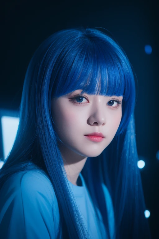  best quality,   Details, 4K,  RAW Photos, masterpiece,   Details face,, star, 惑star, galaxy, space,, a photo of アニセマー flying in space,  blue hair, bangs, Long Hair,  in the style of ADX2 , 