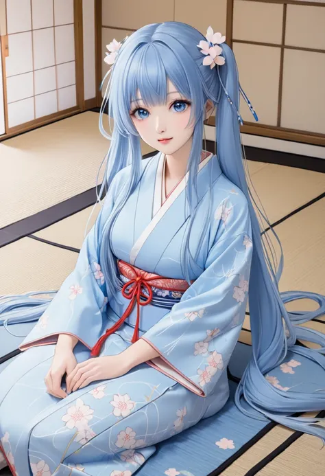  Light Blue Long Hair 、 Beautiful Girl with Twin Tails 、Japanese kimono、Hyakunin Isshu are arranged on tatami mats