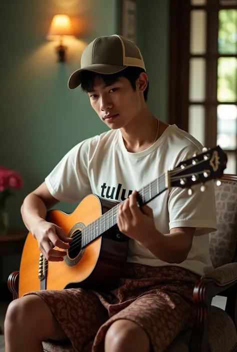 a youth handsome indonesian use truker hat, sitting relaxed while playing the guitar. He was wearing a T-shirt that read "TULUS" and sarong, in beautiful house, leica, film photography, 8k ,Man, UHD, detailed