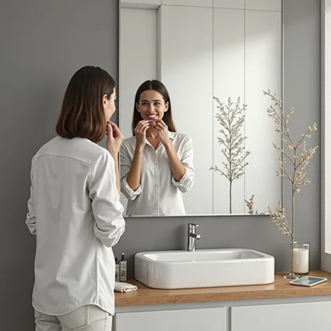 A hyperrealistic rendering of a modern bathroom, featuring a large mirror reflecting a person brushing their teeth, showing accurate reflections of the person and the bathroom details. Ensure that the reflection is distortion-free.