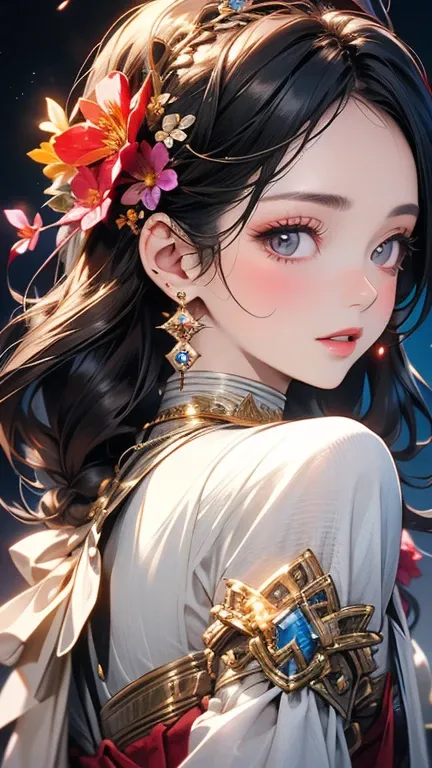 ( Extremely Detailed CG Unity 8K Wallpaper), illumination, sea of Flowers, Flowers, 1 Girl,  upper body, Vintage Girl、Brilliant Dazzling Headdress 、gem、diamond、