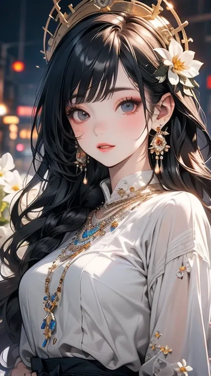 ( Extremely Detailed CG Unity 8K Wallpaper), illumination, sea of Flowers, Flowers, 1 Girl,  upper body, Vintage Girl、Brilliant Dazzling Headdress 、gem、diamond、