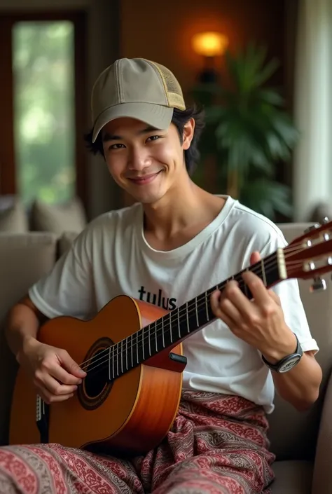 a youth handsome indonesian use truker hat, sitting relaxed while playing the guitar. He was wearing a T-shirt that read "TULUS" and sarong, in beautiful house, leica, film photography, 8k ,Man, UHD, detailed