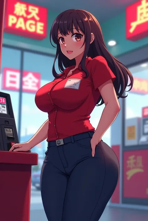 A MILF woman with a voluptuous body and sexy curves with giant breasts and a round butt also with thick thighs dressed in tight pants and a red shirt as an anime gas station worker 