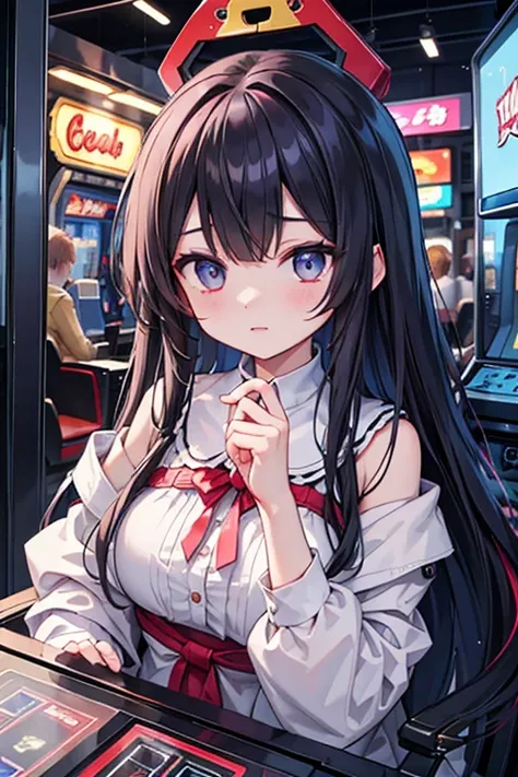 (masterpiece), best quality, expressive eyes, perfect face,An illustration of a lady wearing a dress, concentrating hard as she attempts a crane game in an arcad, She has a serious expression while controlling the machine, aiming carefully at the prize, Th...