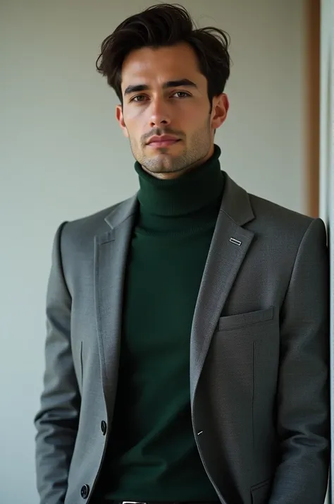 A 20 year old male who has olive skin tone with grey suit and dark green sweater inside of suit