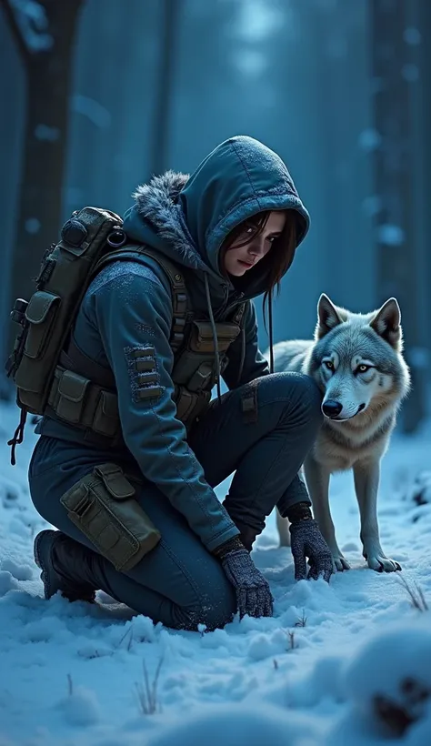 A digital drawing featuring a lone futuristic, rugged female warrior kneels in a dark, snowy forest at dusk, illuminated solely by a dim blue light from above that casts an eerie glow over her and her loyal wolf companion. She wears a tactical outfit layer...