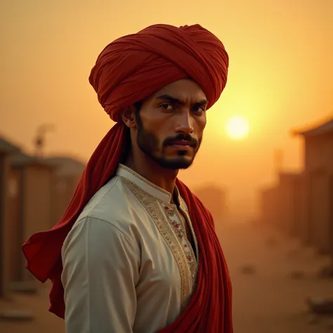 A dramatic scene of Arjun A handsome young Rajasthani man in traditional attire, wearing a white kurta and dhoti with a vibrant red turban gripping an old, his face set with fierce determination. Behind him, a glowing village sunset symbolizes his resolve.