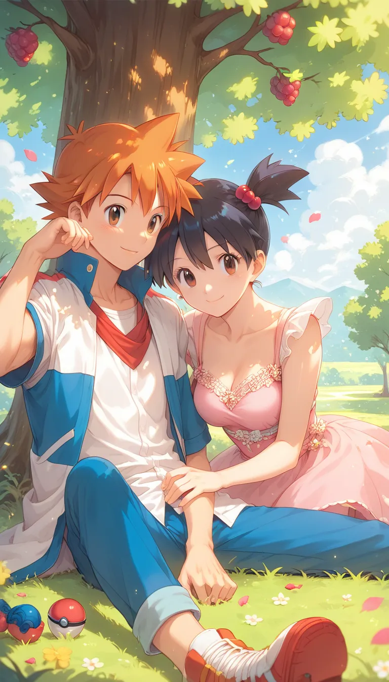 ash_pokemon , black hair, brown eyes, smile soft .ash ketchum ,1 guy. misty_pokemon , berry short,orange hair, soft skin, a coup...