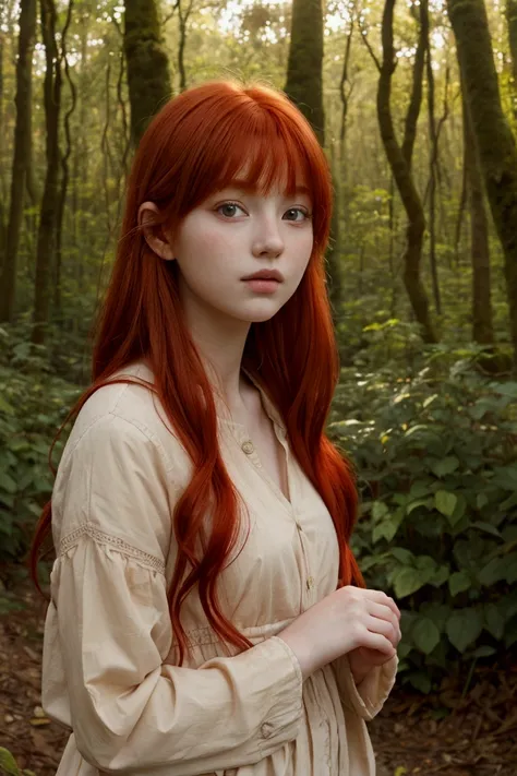 Red-haired girl in a forest with a tender expression