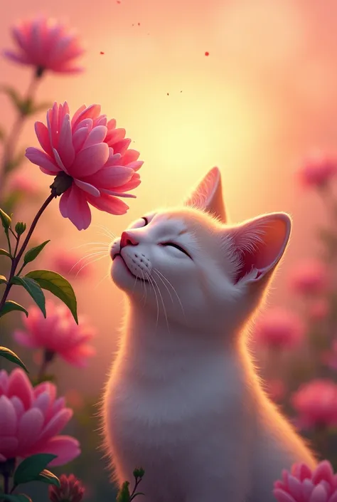 A thai cat with its eyes closed, seemingly enjoying the scent of pink flowers. The cat is positioned in the foreground, with the flowers extending upwards. The background is awash with warm hues of pink, orange, and yellow, giving the impression of a sunse...