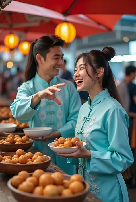 (Portrait of a meatball stall or food stall called WARUNG PENTOL GALAK MBAK NOVITA, and in front of it there is a young woman from China, long straight hair, tied in a bun, wearing light blue traditional Chinese clothes, ancient Chinese traditional sandals...